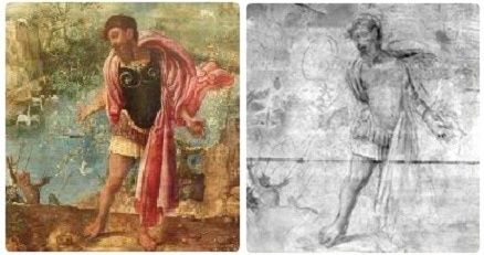 Gemälde und graue Unterzeichnung eines stehenden, drapierten Mannes im Vergleich